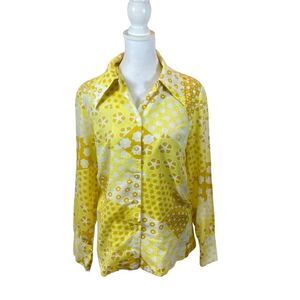 Vintage Russ Corner Yellow Floral Print Sheer Butterfly Collar Blouse Medium‎